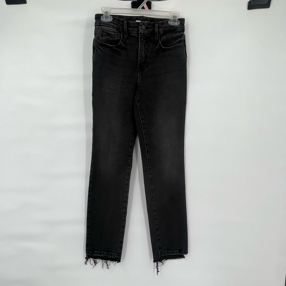 Good American good classic black raw step hem stretch skinny jeans
